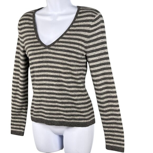 Michael Kors Womens S Y2K Gray Striped V-Neck 100% Cashmere Sweater Long Sleeve - Picture 6 of 14